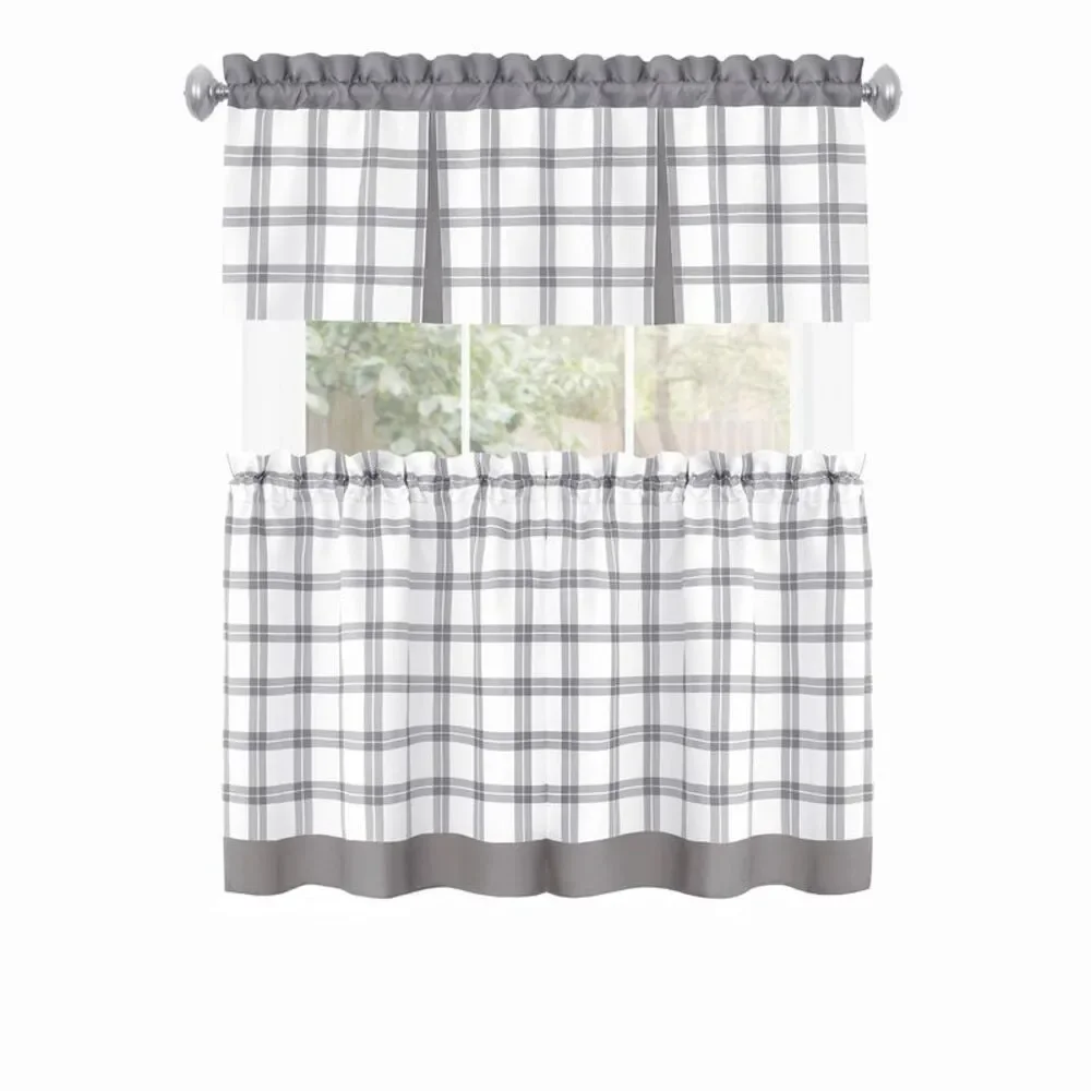 PowerSellerUSA Semi-Sheer Two-Tone Modern Kitchen Curtain with Classic Plaid
